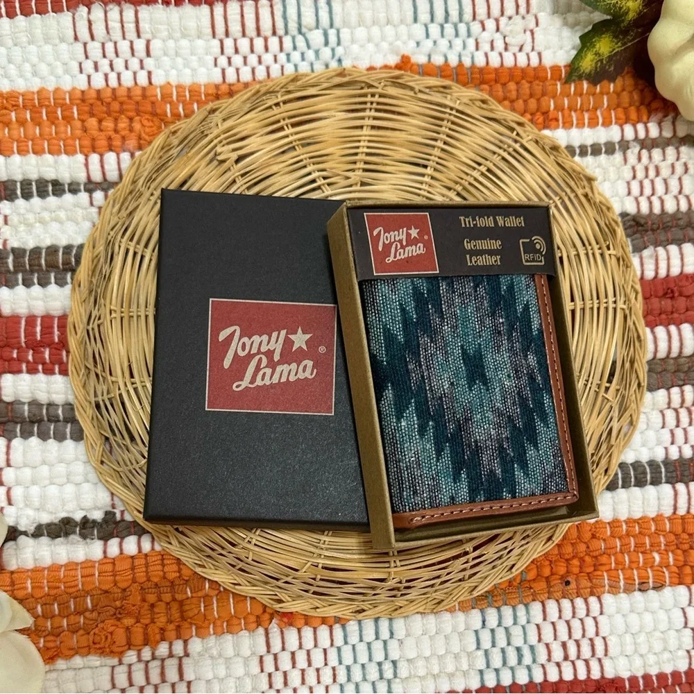 New Tony Lama Tri-Fold Wallet RFID Blue Aztec Canvas Leather Cowboy Western NWT